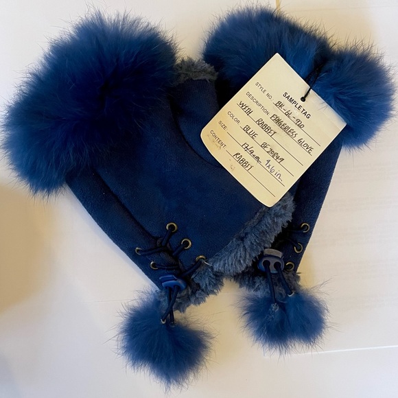 Adrienne Landau Rabbit Fur Fingerless Gloves in Blue - Picture 3 of 4